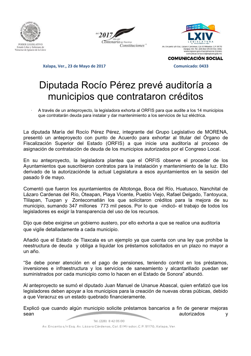 Diputada Rocío Pérez Prevé Auditoría a Municipios Que Contrataron Créditos