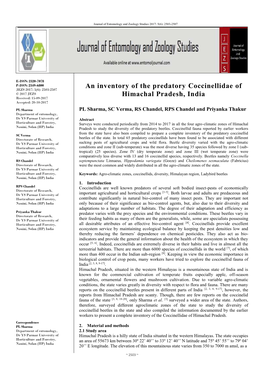 An Inventory of the Predatory Coccinellidae of Himachal Pradesh