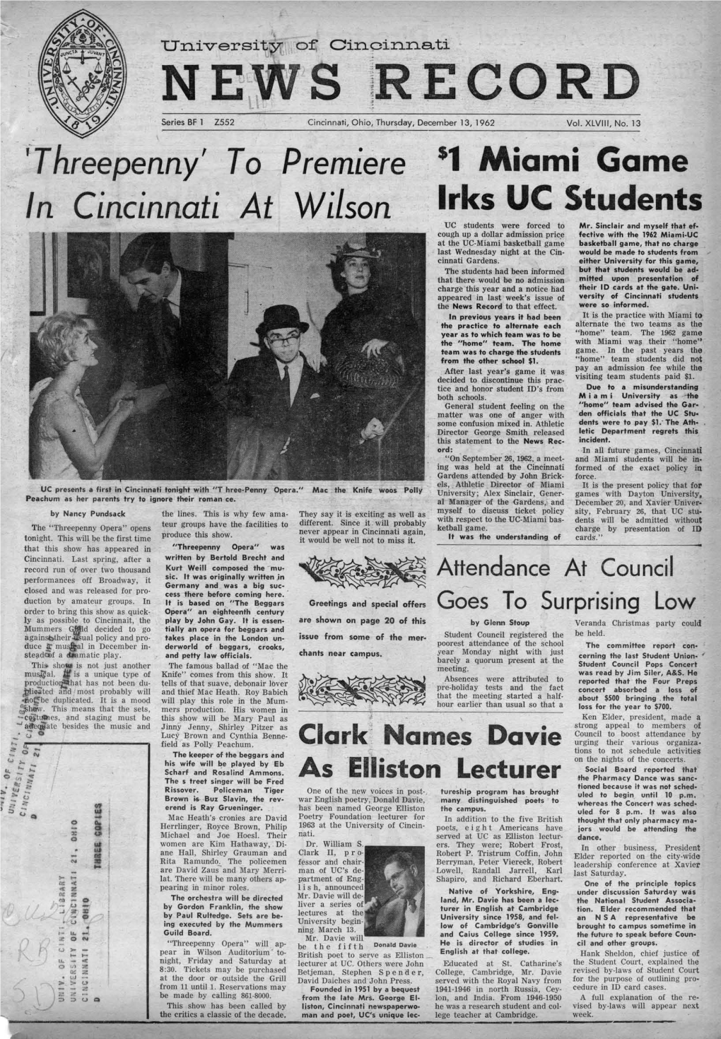 University of Cincinnati News Record. Thursday, December 13, 1962. Vol. XLVIII, No