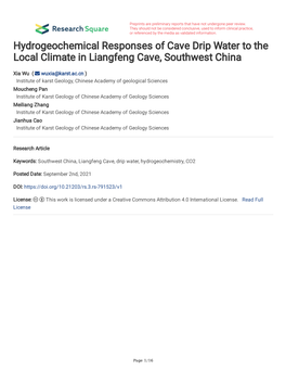 Hydrogeochemical Responses of Cave Drip Water to the Local Climate in Liangfeng Cave, Southwest China