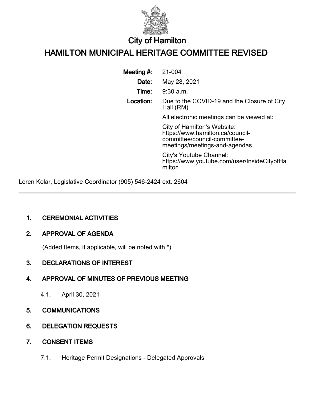 Hamilton Municipal Heritage Committee Agenda Package