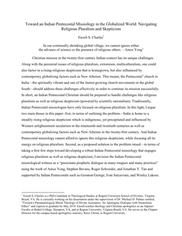 Toward an Indian Pentecostal Missiology in the Globalized World: Navigating Religious Pluralism and Skepticism