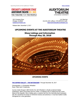 UPCOMING EVENTS at the AUDITORIUM THEATRE Show Listings and Information Through May 20, 2018