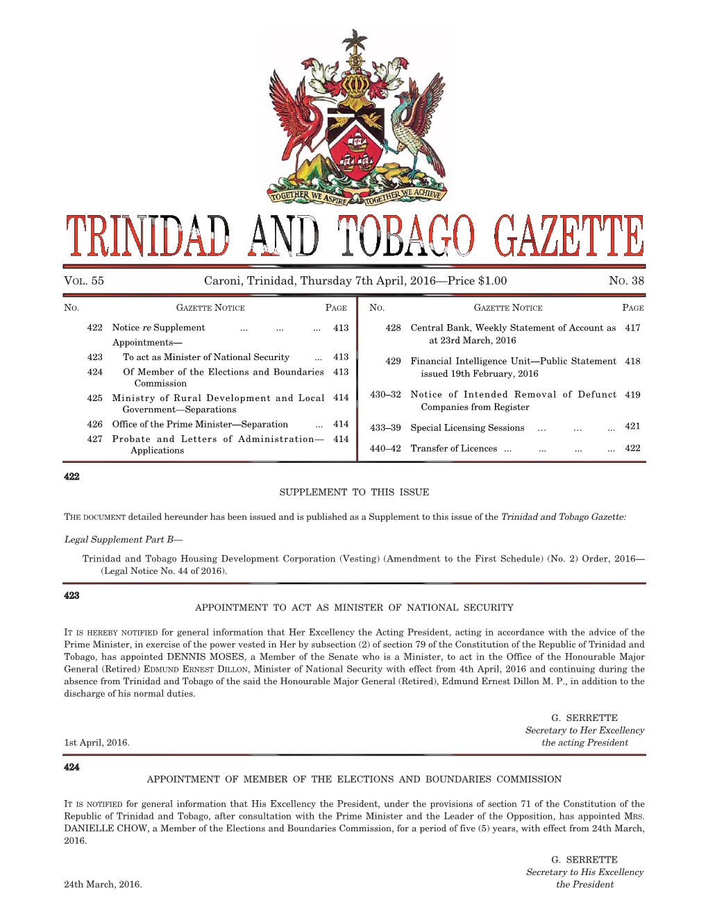 Gazette No. 38, Vol. 55, 7Th April, 2016