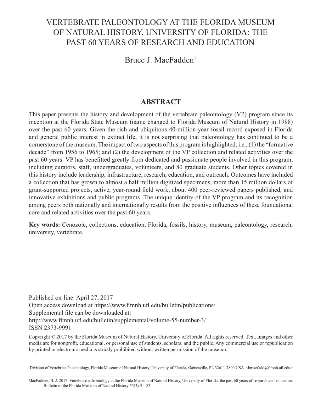 Vertebrate Paleontology at the Florida Museum of Natural History, University of Florida: the Past 60 Years of Research and Education