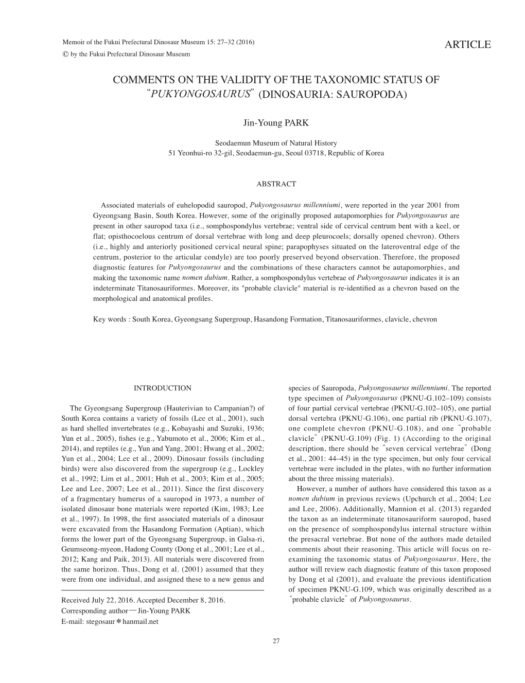 Comments on the Validity of the Taxonomic Status of “Pukyongosaurus”(Dinosauria: Sauropoda) Article