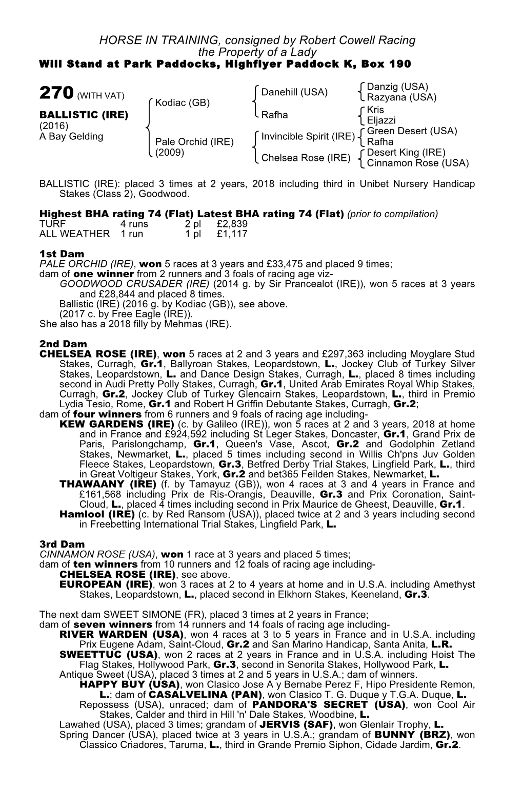 HORSE in TRAINING, Consigned by Robert Cowell Racing the Property of a Lady Will Stand at Park Paddocks, Highflyer Paddock K, Box 190