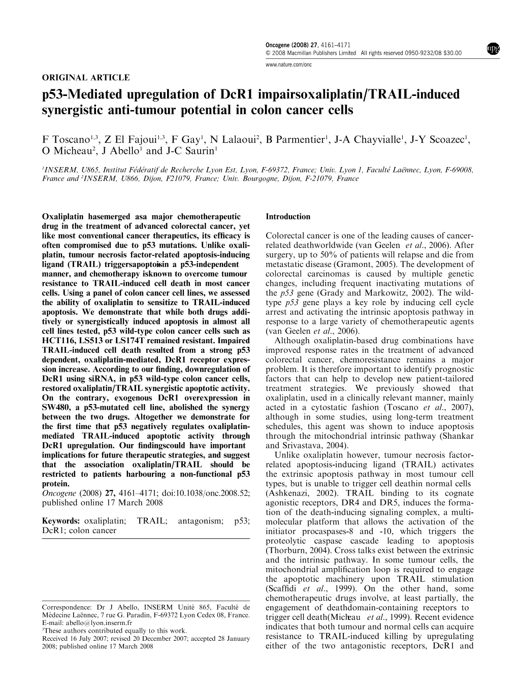 P53-Mediated Upregulation of Dcr1 Impairs Oxaliplatin/TRAIL-Induced