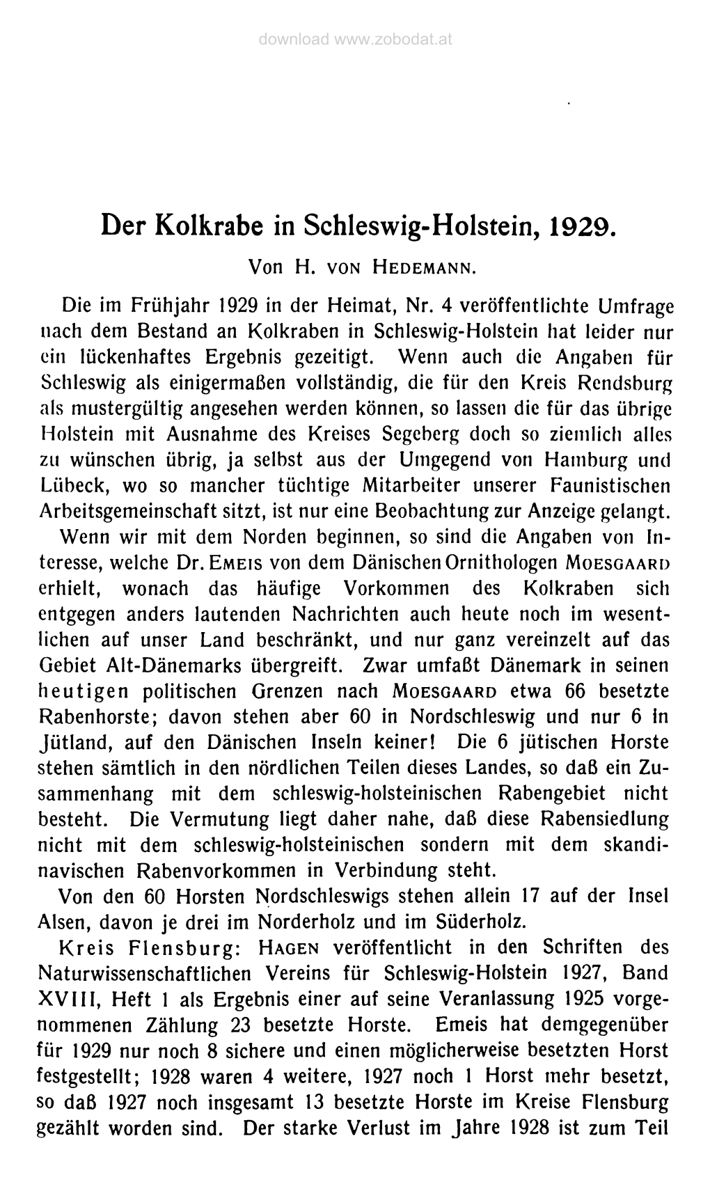 Der Kolkrabe in Schlesw Ig-H Olstein, 1929