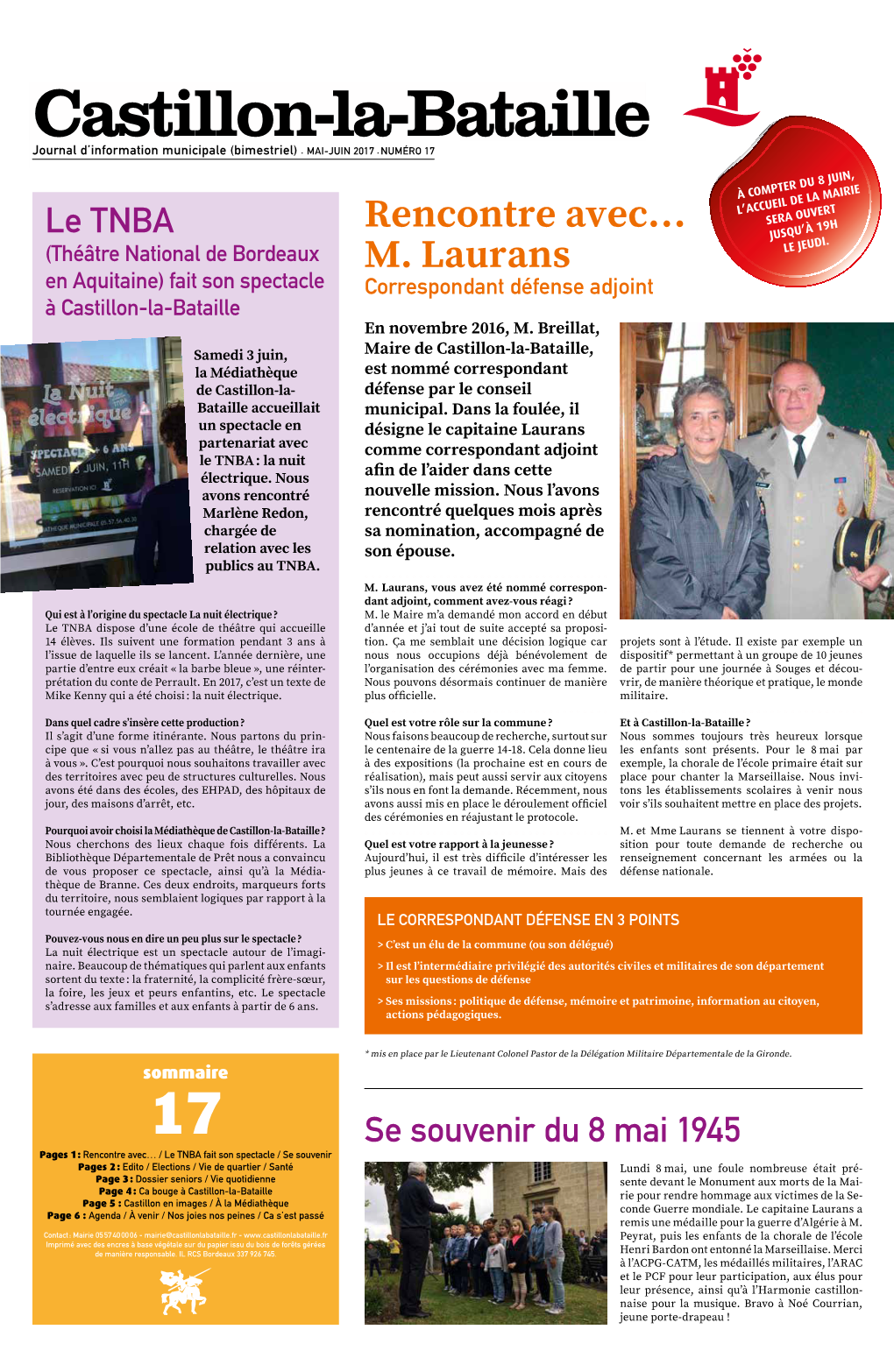 Castillon-La-Bataille Journal D’Information Municipale (Bimestriel) * MAI-JUIN 2017 * NUMÉRO 17