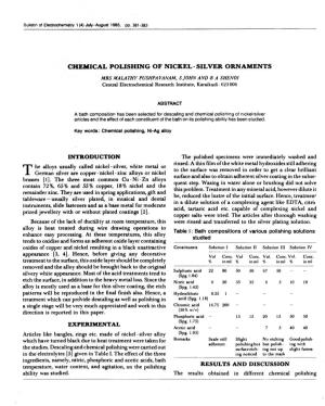 CHEMICAL POLISHING of NICKEL - SILVER ORNAMENTS MRS MALATHY PUSHPA VANAM, S JOHN and B a SHENOI Central Electrochemical Research Institute, Karaikudi - 623 006