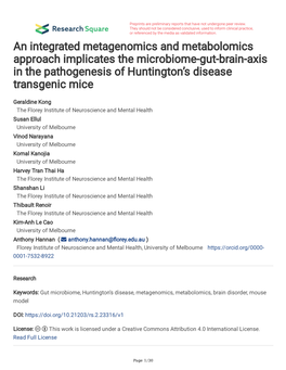 An Integrated Metagenomics and Metabolomics Approach Implicates the Microbiome-Gut-Brain-Axis in the Pathogenesis of Huntington’S Disease Transgenic Mice