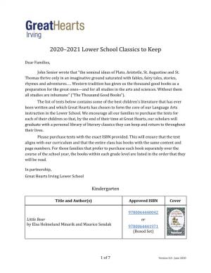 2020–2021 Lower School Classics to Keep