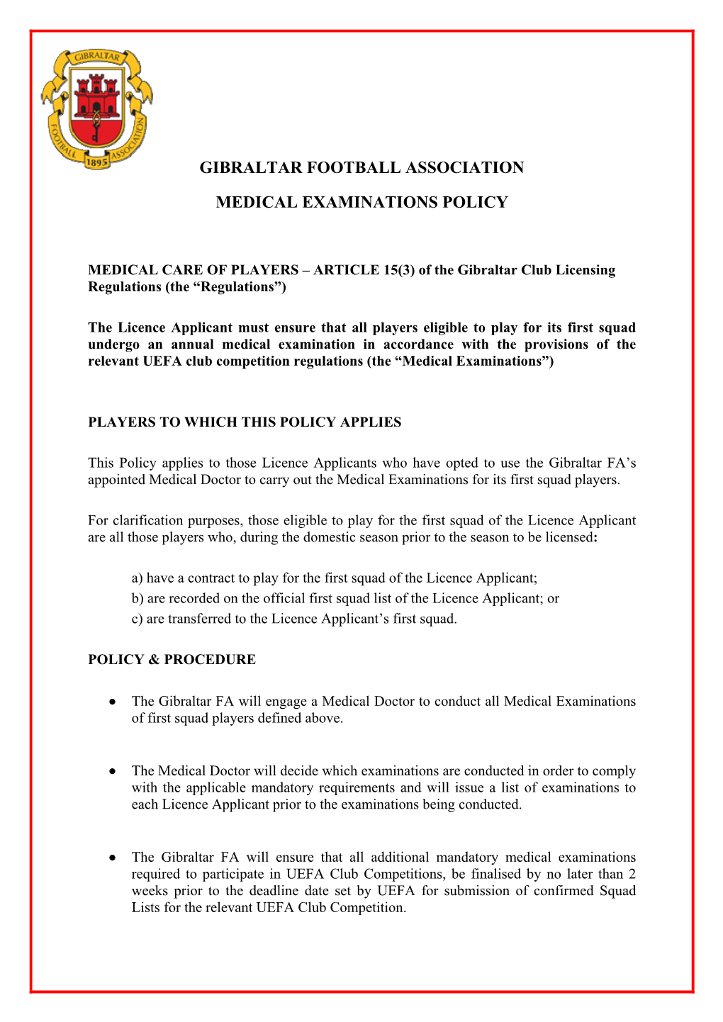 GFA Medical Examinations Policy