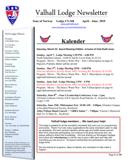 Valhall Lodge Newsletter Sons of Norway Lodge # 5-168 April – June 2019