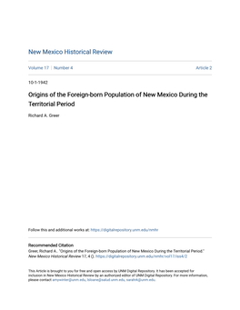 Origins of the Foreign-Born Population of New Mexico During the Territorial Period