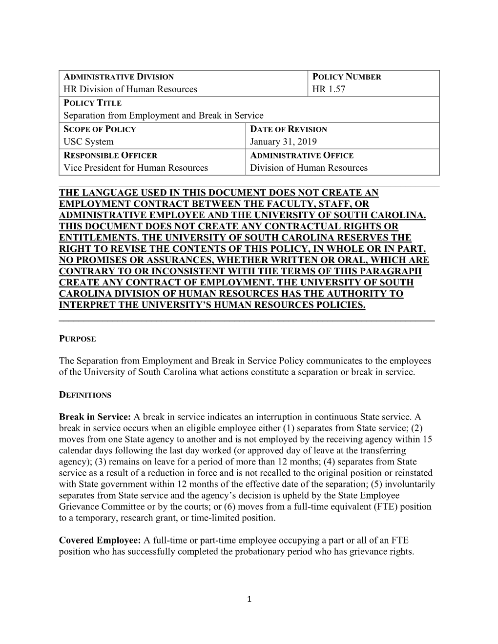 HR 1.57 Separation from Employment and Break in Service