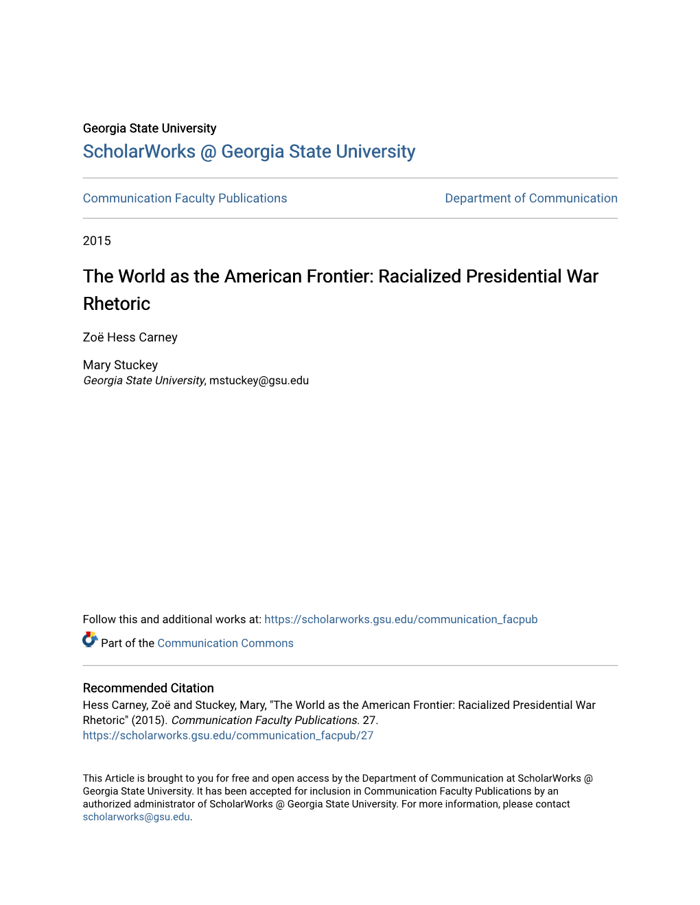 The World As the American Frontier: Racialized Presidential War Rhetoric