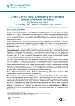 Green Central Asia: Enhancing Environment, Climate and Water Resilience Conference Summary 28 January 2020 | Federal Foreign Office | Berlin