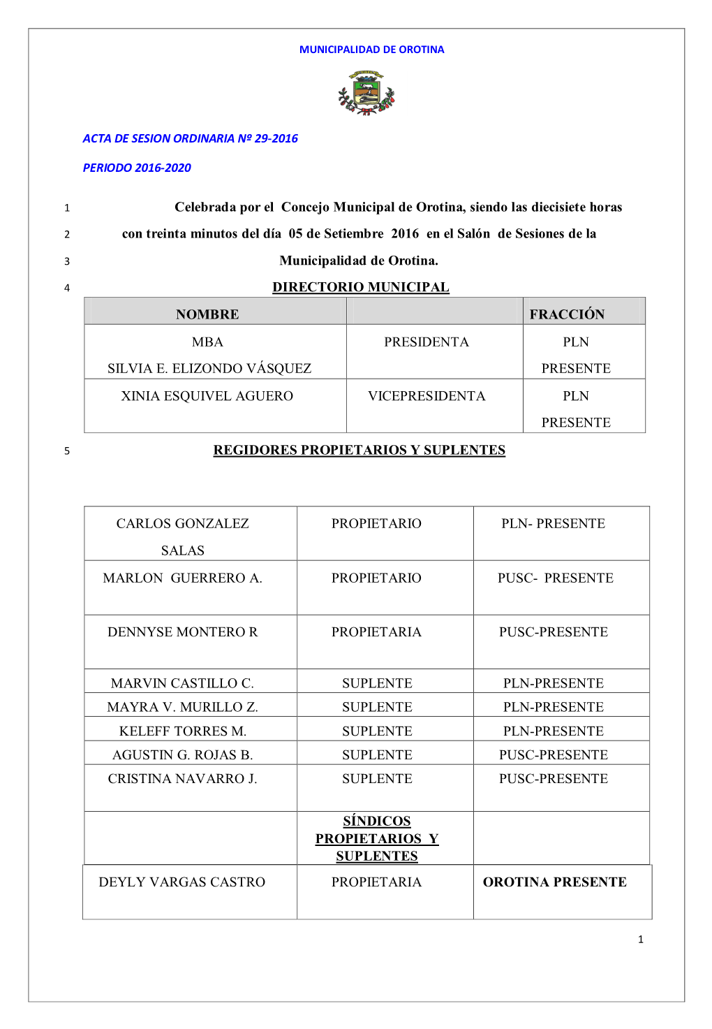 Acta De Sesion Ordinaria Nº 29-2016 Periodo 2016-2020