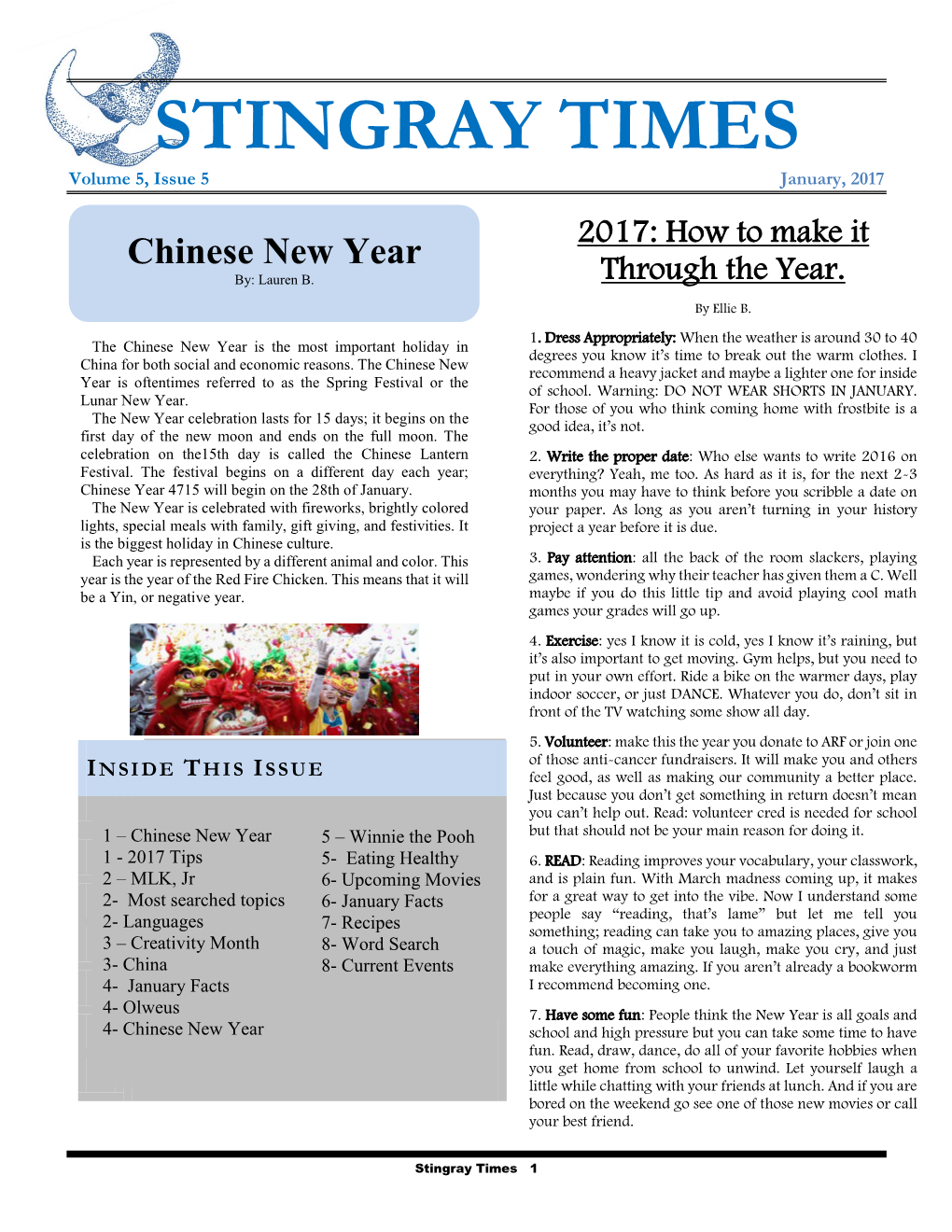 STINGRAY TIMES Volume 5, Issue 5 January, 2017