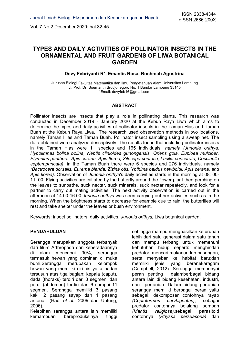 Types and Daily Activities of Pollinator Insects in the Ornamental and Fruit Gardens of Liwa Botanical Garden