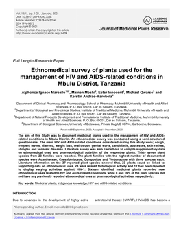Ethnomedical Survey of Plants Used for the Management of HIV and AIDS-Related Conditions in Mbulu District, Tanzania