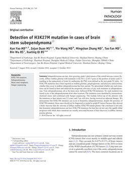 Detection of H3K27M Mutation in Cases of Brain Stem Subependymoma