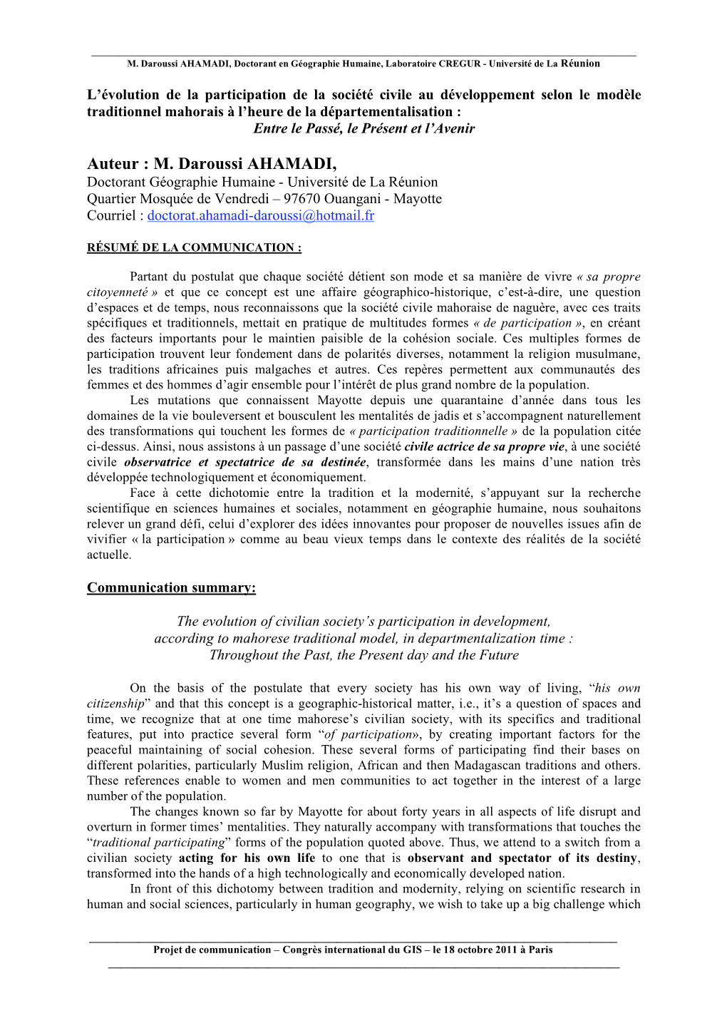 M. Daroussi AHAMADI, Doctorant En Géographie Humaine, Laboratoire CREGUR - Université De La Réunion