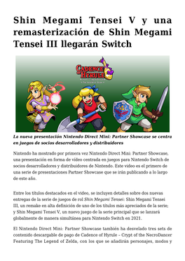 Shin Megami Tensei V Y Una Remasterización De Shin Megami Tensei III Llegarán Switch