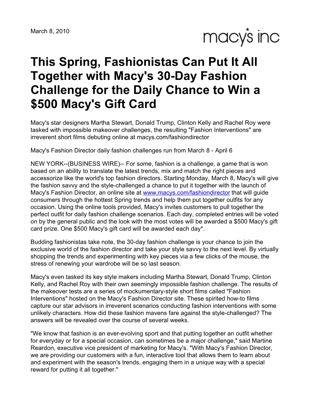 This Spring, Fashionistas Can Put It All Together with Macy's 30-Day Fashion Challenge for the Daily Chance to Win a $500 Macy's Gift Card