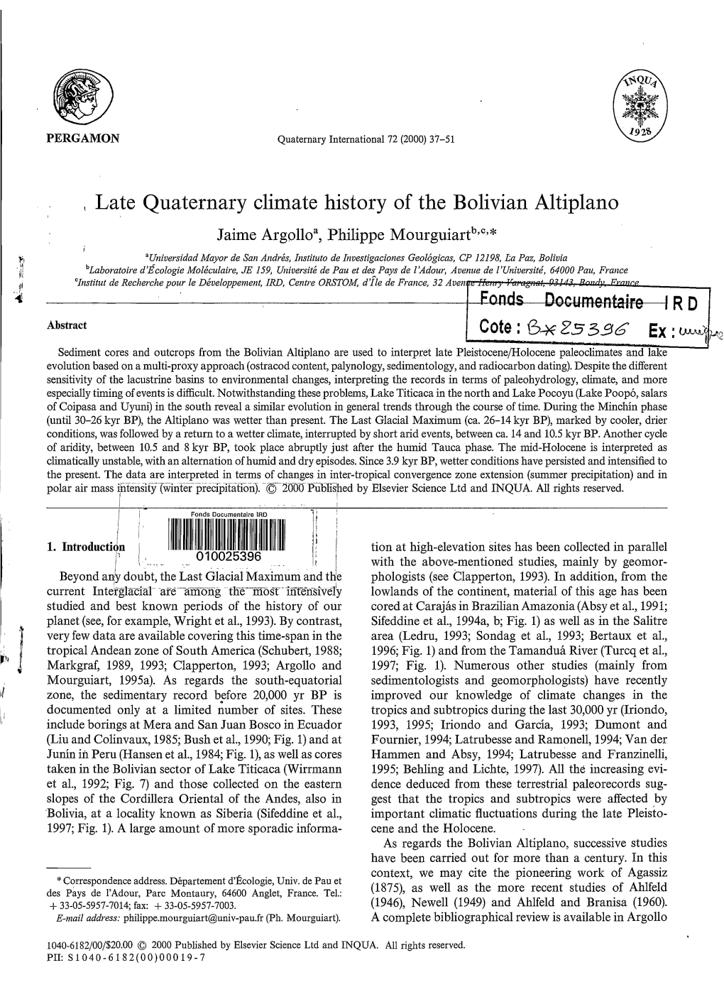 Late Quaternary Climate History of the Bolivian Altiplano