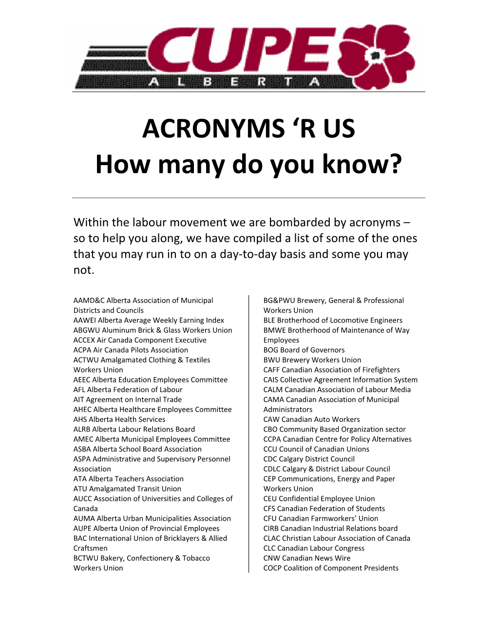 ACRONYMS 'R US How Many Do You Know?