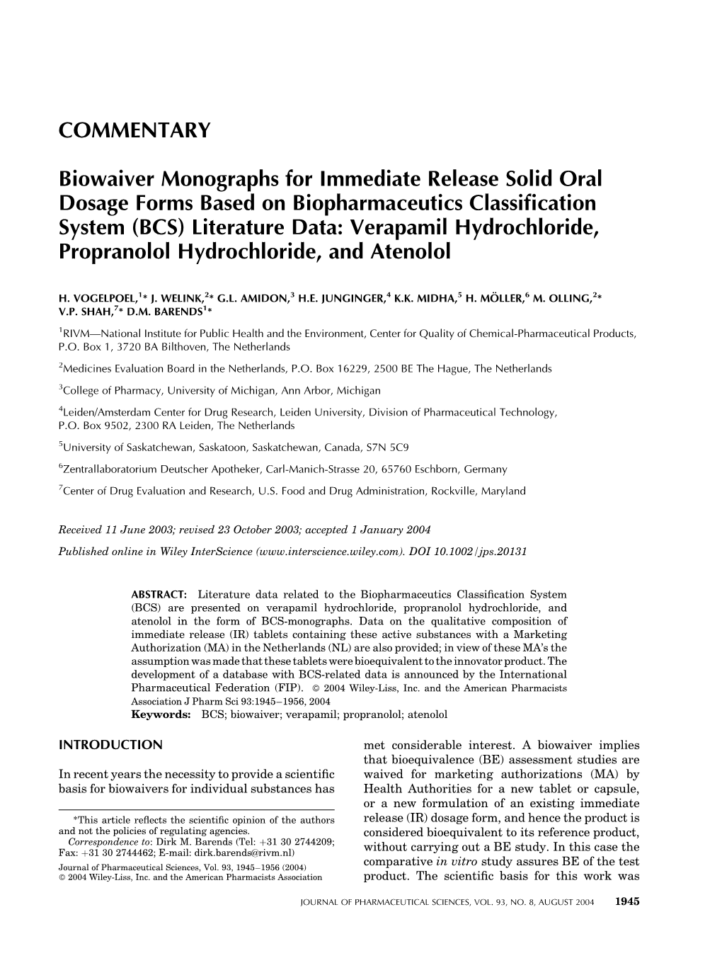 Biowaiver Monographs for Immediate Release Solid Oral Dosage Forms