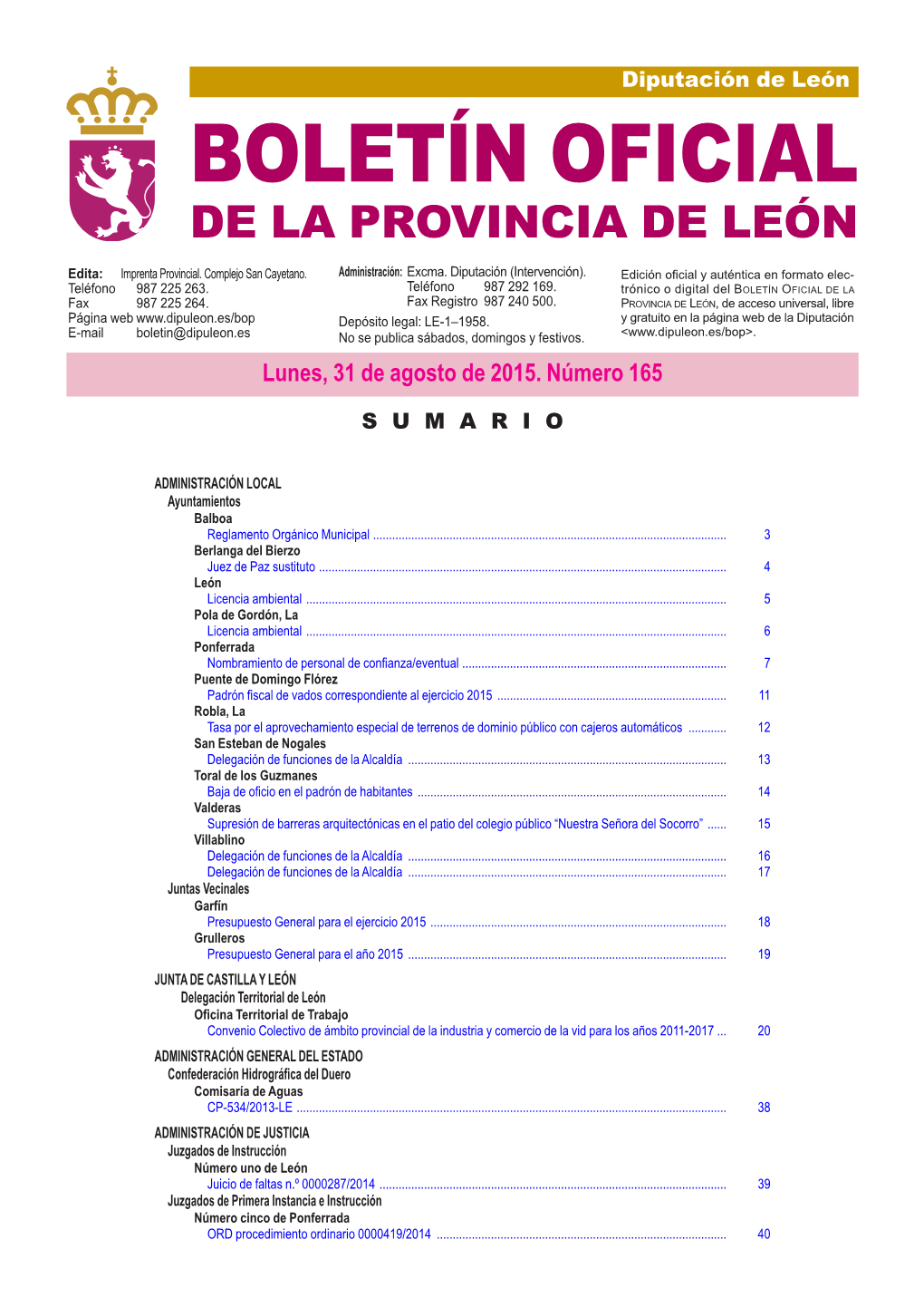 BOLETÍN OFICIAL DE LA PROVINCIA DE LEÓN Edita: Imprenta Provincial