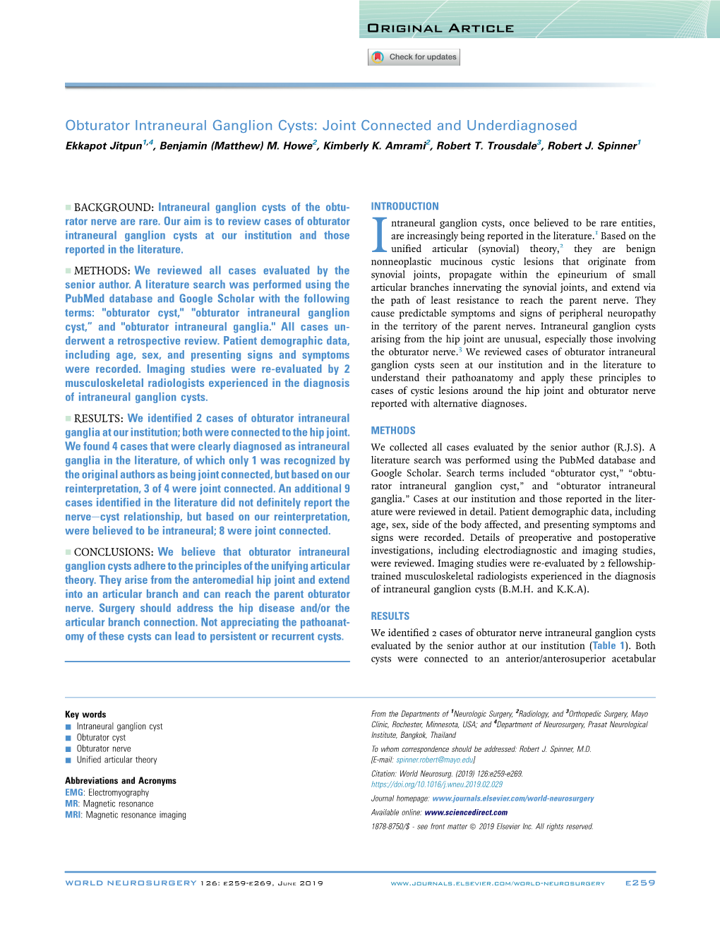 Obturator Intraneural Ganglion Cysts: Joint Connected and Underdiagnosed Ekkapot Jitpun1,4, Benjamin (Matthew) M