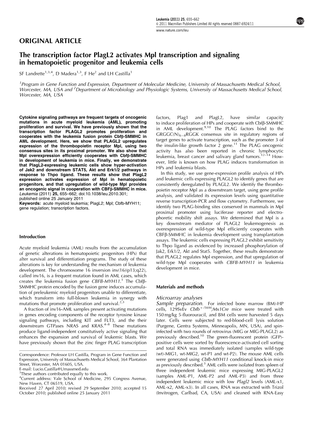 The Transcription Factor Plagl2 Activates Mpl Transcription and Signaling in Hematopoietic Progenitor and Leukemia Cells