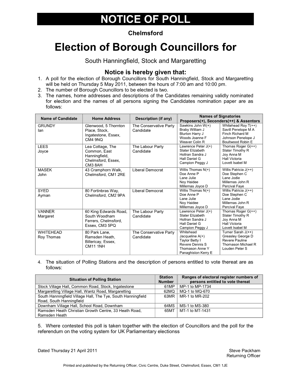 NOTICE of POLL Election of Borough Councillors