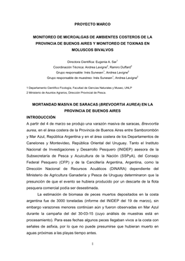 Monitoreo De Microalgas De Ambientes Costeros De La Provincia De Buenos Aires Y Monitoreo De Toxinas En Moluscos Bivalvos