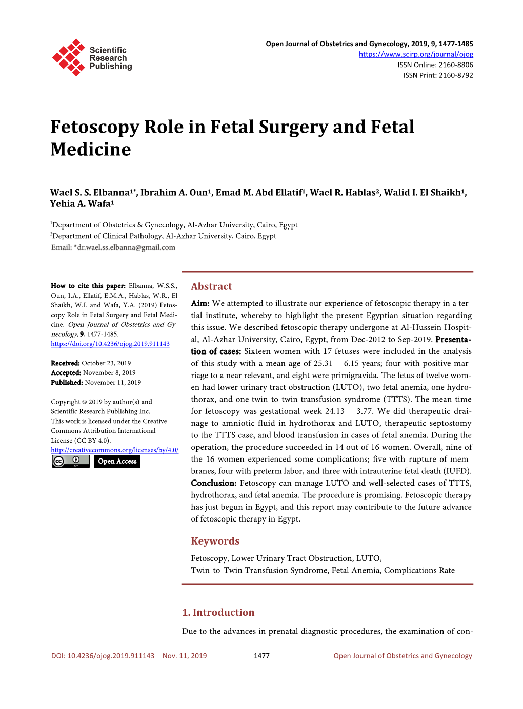 Fetoscopy Role in Fetal Surgery and Fetal Medicine