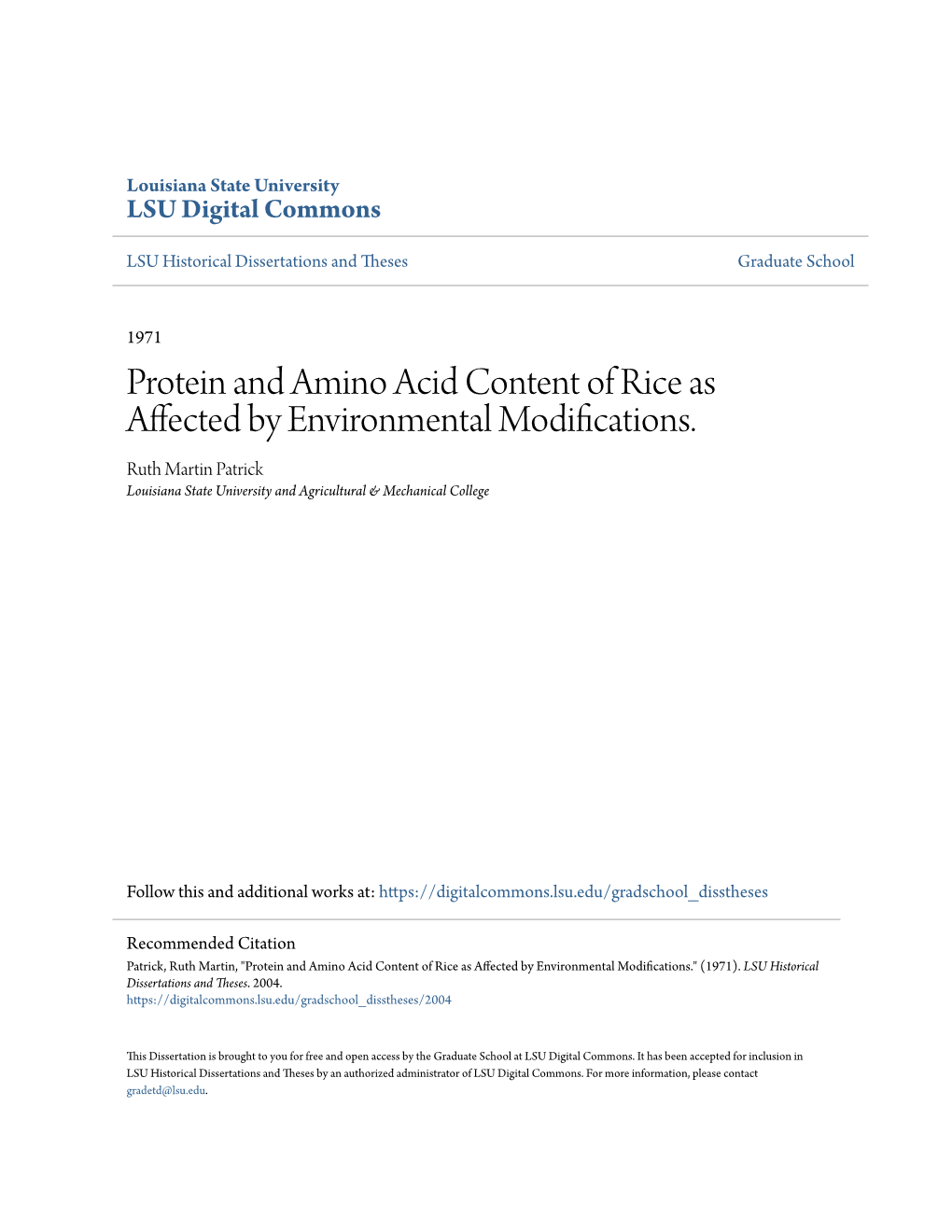 Protein and Amino Acid Content of Rice As Affected by Environmental Modifications