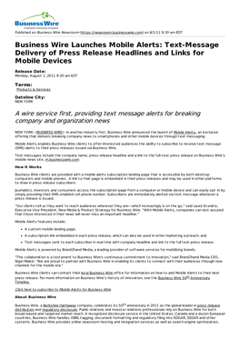 Business Wire Launches Mobile Alerts: Text-Message Delivery of Press Release Headlines and Links for Mobile Devices