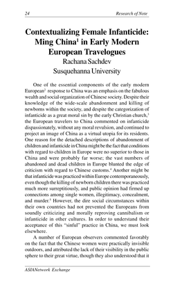Contextualizing Female Infanticide: Ming China1 in Early Modern European Travelogues Rachana Sachdev Susquehanna University