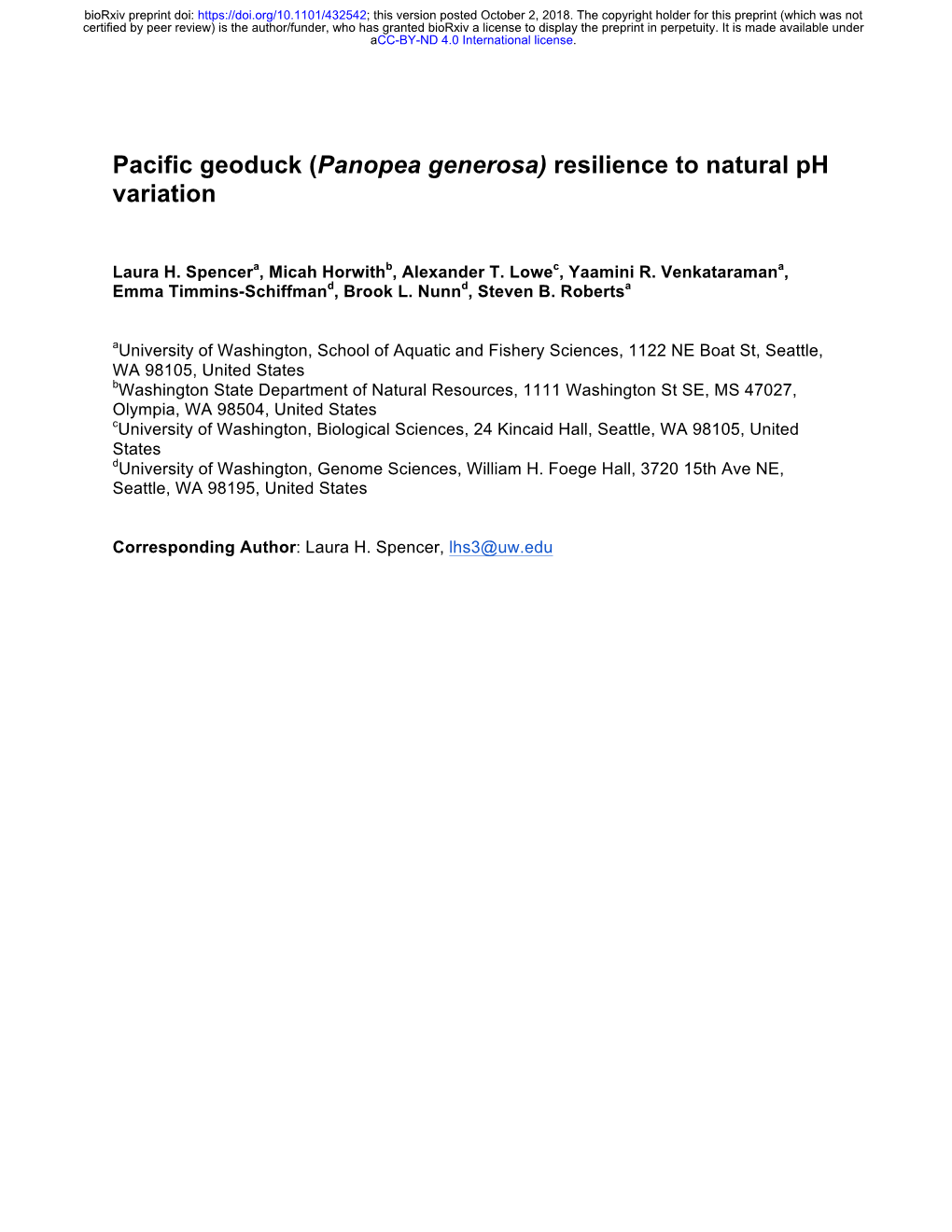 Pacific Geoduck (Panopea Generosa) Resilience to Natural Ph Variation