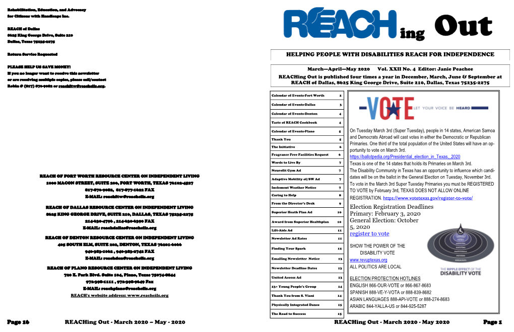 March 2020 – May - 2020 Reaching out - March 2020 - May 2020 Page 1 CALENDAR of EVENTS 817-870-9082