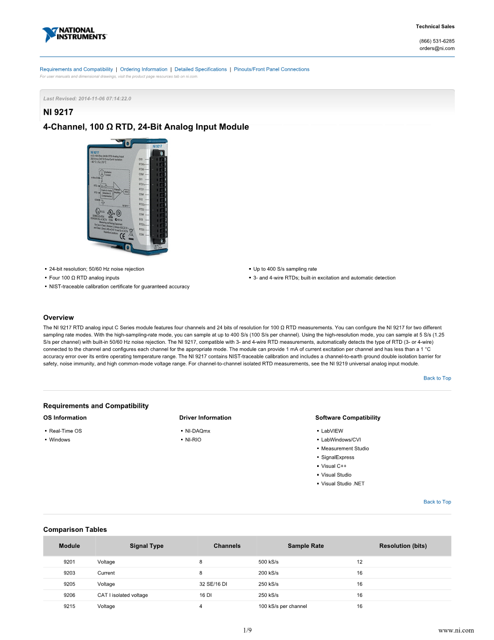 NI 9217 4-Channel, 100 Ω RTD, 24-Bit Analog Input Module