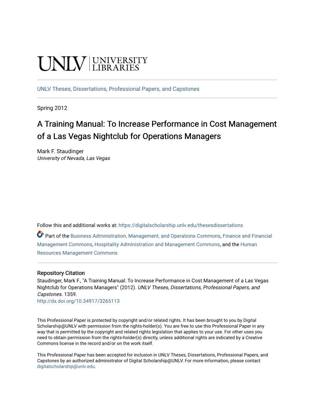 A Training Manual: to Increase Performance in Cost Management of a Las Vegas Nightclub for Operations Managers
