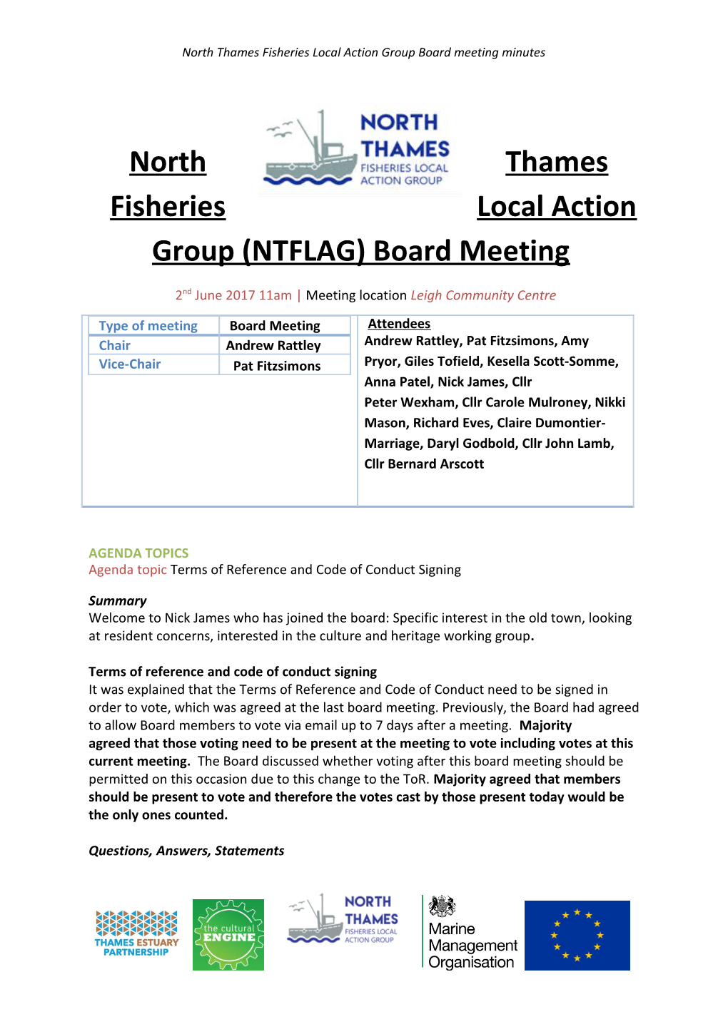 North Thames Fisheries Local Action Group Board Meeting Minutes