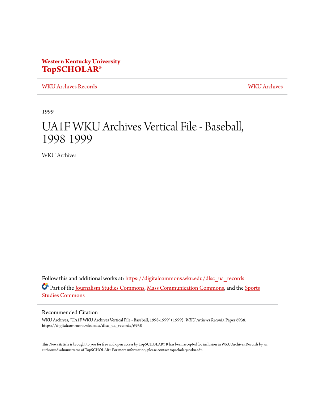 Baseball, 1998-1999 WKU Archives