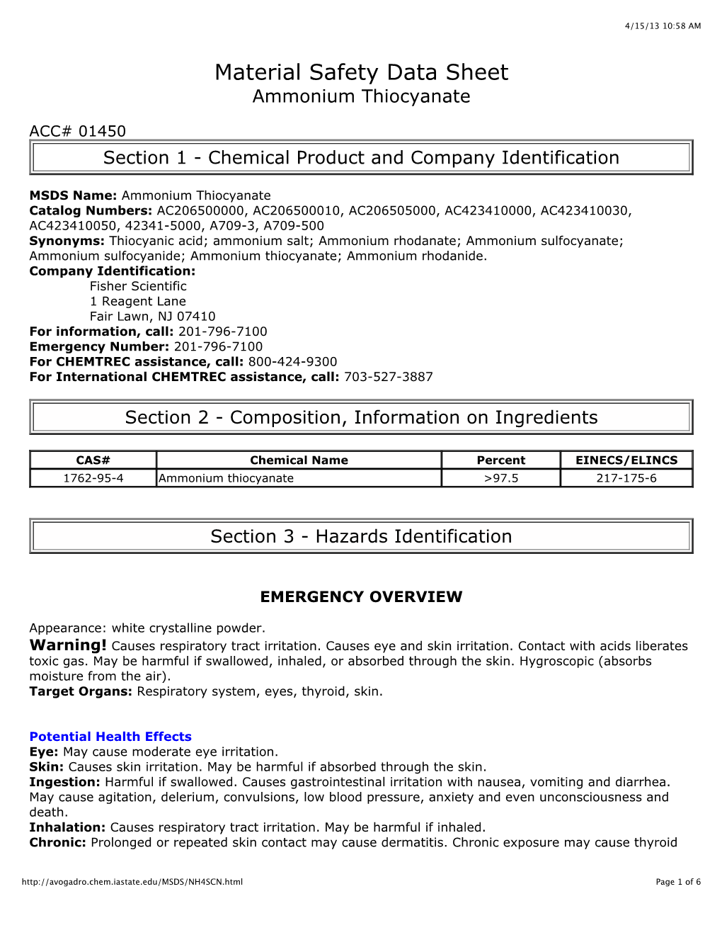 Material Safety Data Sheet Ammonium Thiocyanate